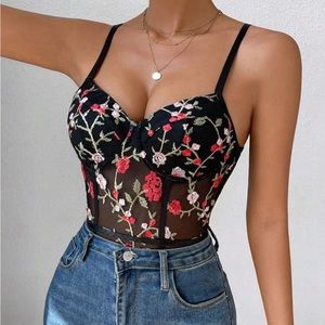 NWOT Floral Embroidery Mesh Cami Body Suit/Size Med